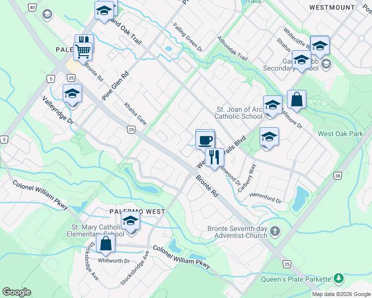 map of restaurants, bars, coffee shops, grocery stores, and more near 2412 Coho Way in Oakville