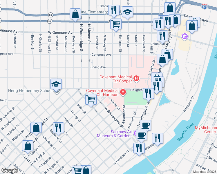 map of restaurants, bars, coffee shops, grocery stores, and more near 1212 Houghton Avenue in Saginaw