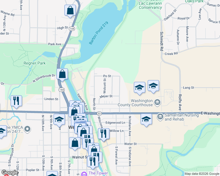 map of restaurants, bars, coffee shops, grocery stores, and more near 636 Midland Avenue in West Bend
