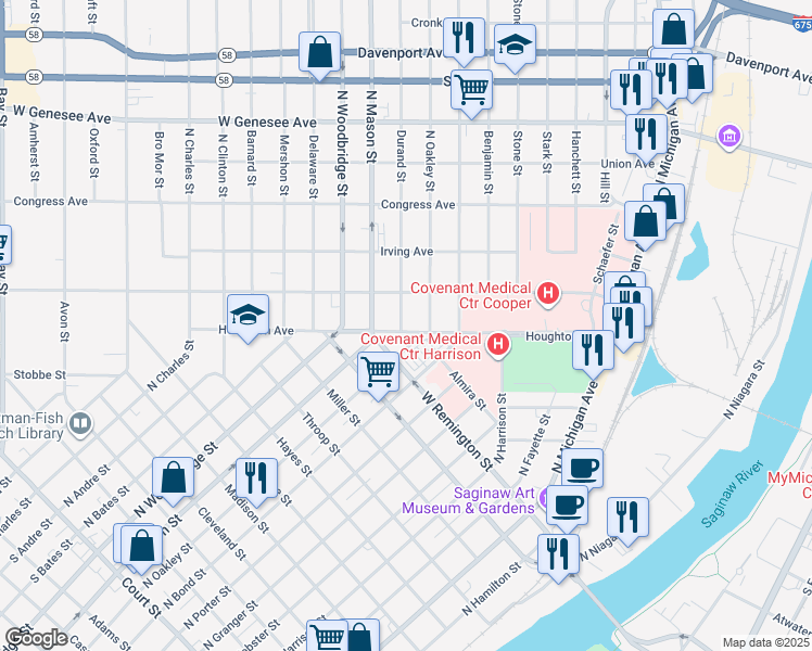map of restaurants, bars, coffee shops, grocery stores, and more near 1322 Houghton Avenue in Saginaw