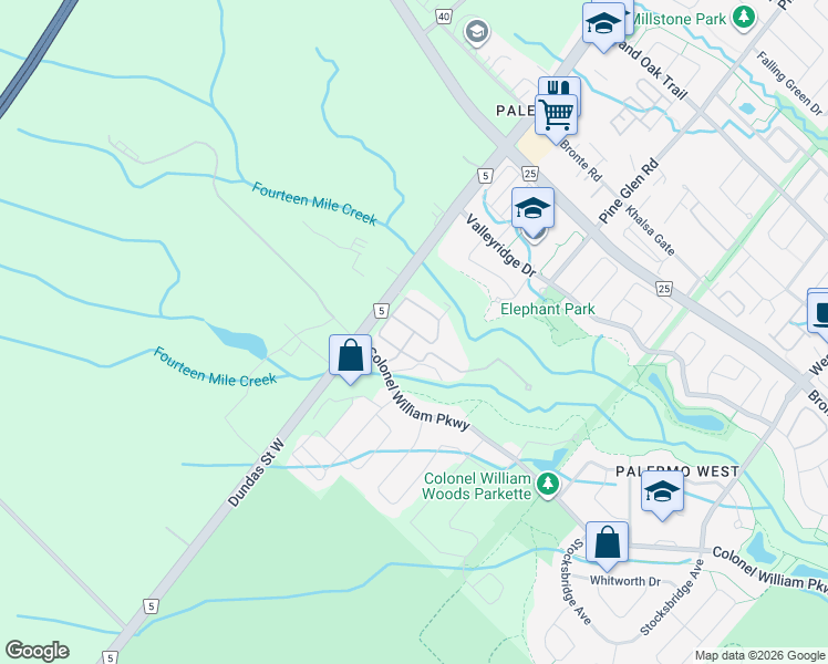 map of restaurants, bars, coffee shops, grocery stores, and more near Village Common in Oakville