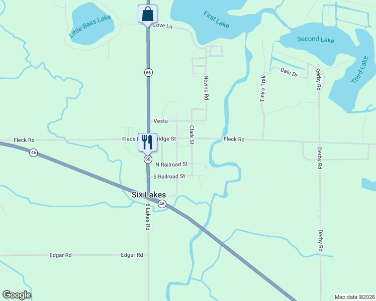 map of restaurants, bars, coffee shops, grocery stores, and more near 121 Center Street in Six Lakes