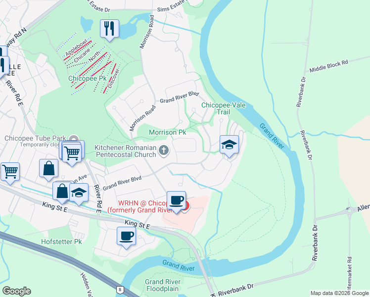 map of restaurants, bars, coffee shops, grocery stores, and more near 156 Oneida Place in Kitchener