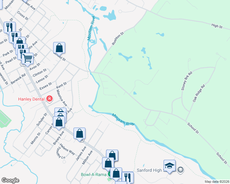 map of restaurants, bars, coffee shops, grocery stores, and more near 42 Hutchinson Street in Sanford