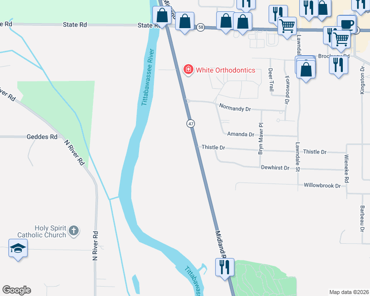 map of restaurants, bars, coffee shops, grocery stores, and more near 1479 Midland Road in Saginaw