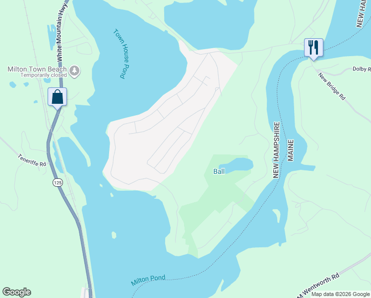 map of restaurants, bars, coffee shops, grocery stores, and more near 141 Pineland Park Road in Milton