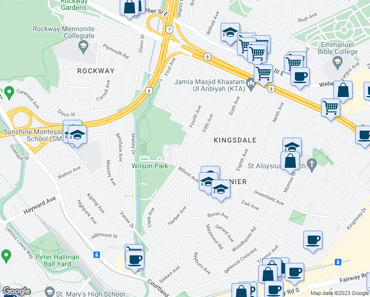 map of restaurants, bars, coffee shops, grocery stores, and more near 183 Fourth Avenue in Kitchener