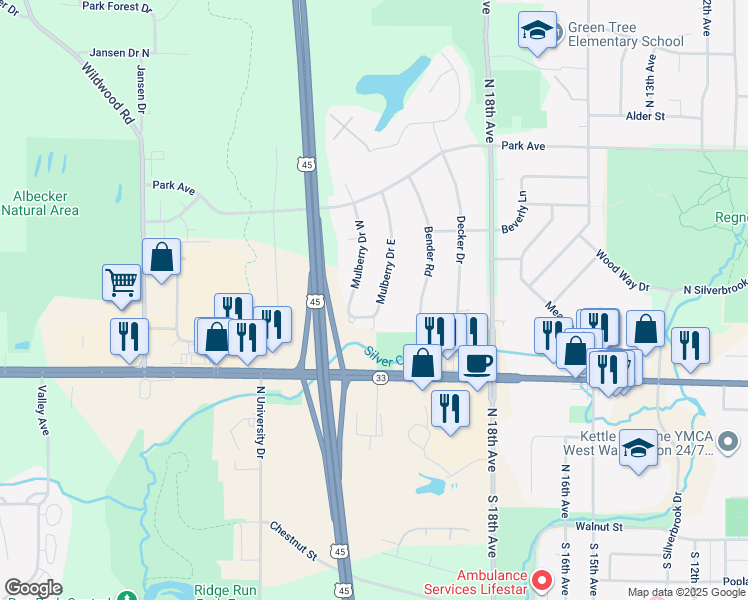 map of restaurants, bars, coffee shops, grocery stores, and more near 526 Mulberry Drive East in West Bend