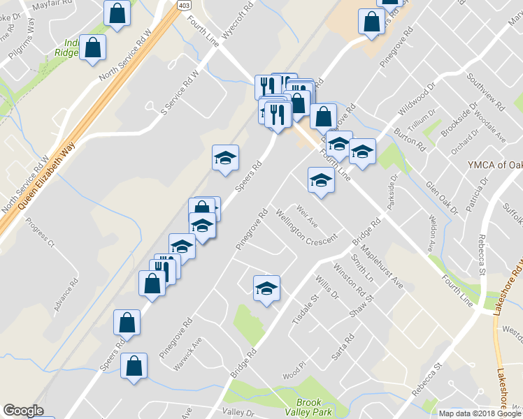 map of restaurants, bars, coffee shops, grocery stores, and more near 1107 Pinegrove Road in Oakville