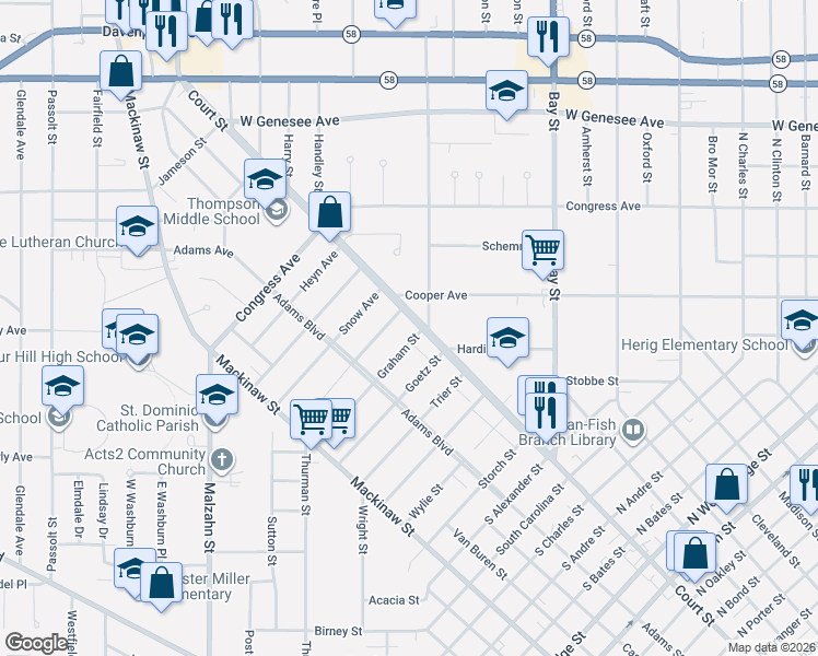 map of restaurants, bars, coffee shops, grocery stores, and more near 2423 Court Street in Saginaw