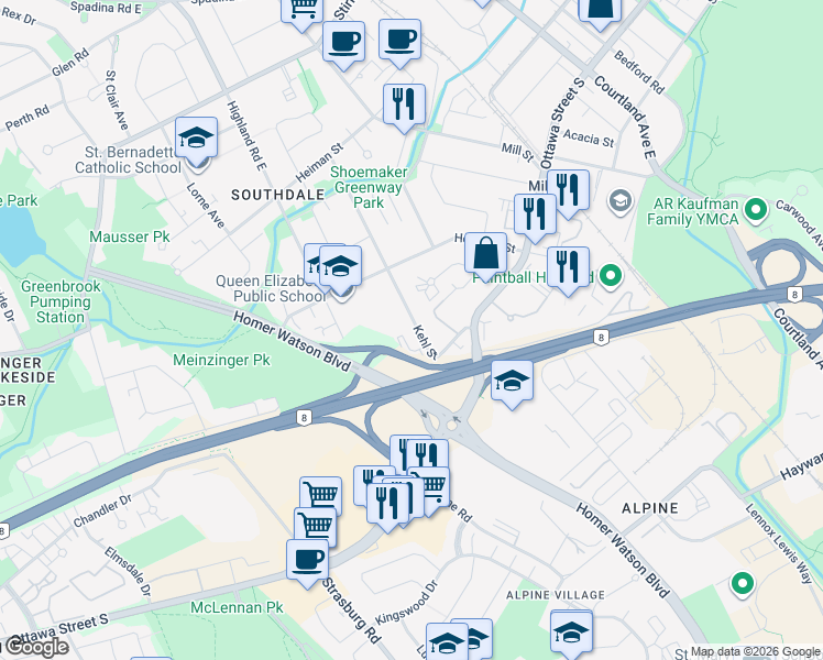 map of restaurants, bars, coffee shops, grocery stores, and more near 185 Kehl Street in Kitchener