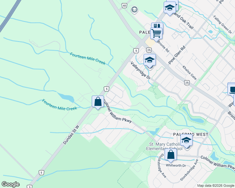 map of restaurants, bars, coffee shops, grocery stores, and more near 2416 Village Common in Oakville