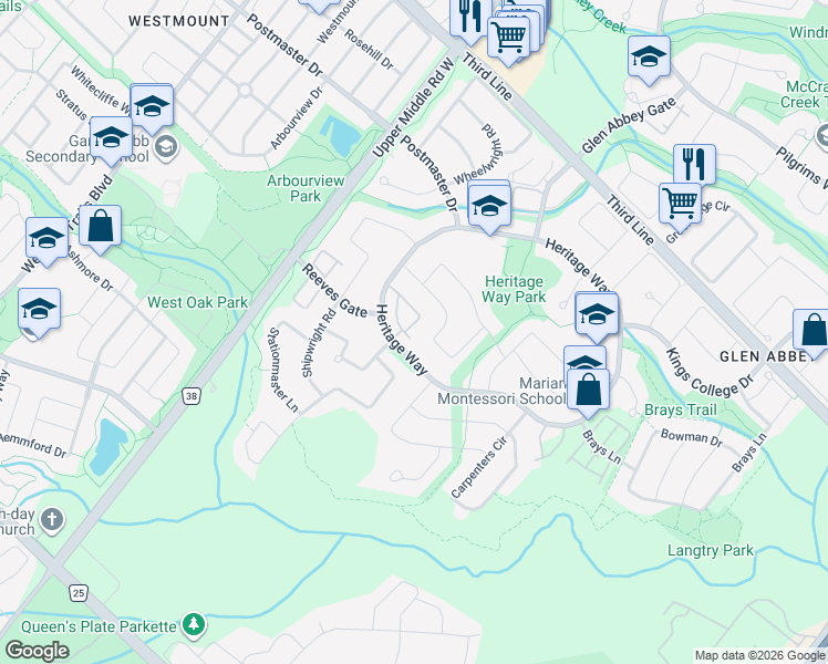 map of restaurants, bars, coffee shops, grocery stores, and more near 1489 Heritage Way in Oakville
