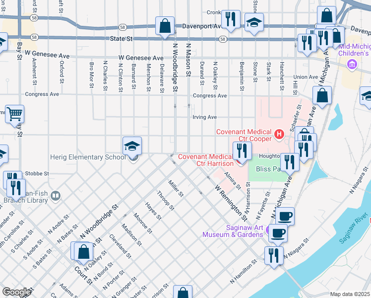 map of restaurants, bars, coffee shops, grocery stores, and more near 1507 North Mason Street in Saginaw