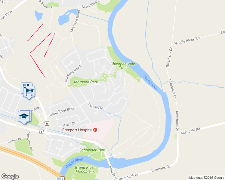 map of restaurants, bars, coffee shops, grocery stores, and more near 240 Grand River Boulevard in Kitchener