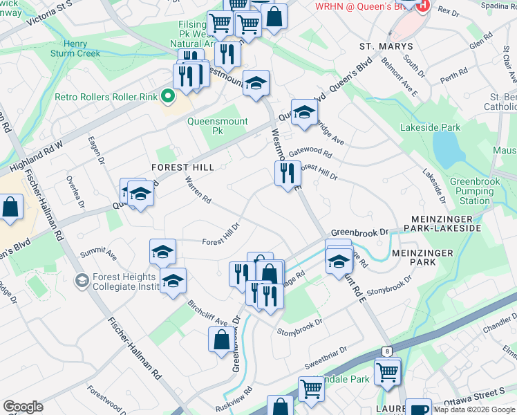 map of restaurants, bars, coffee shops, grocery stores, and more near 15 Graystone Avenue in Kitchener