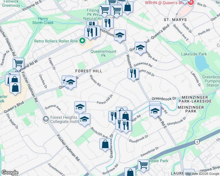 map of restaurants, bars, coffee shops, grocery stores, and more near in Kitchener