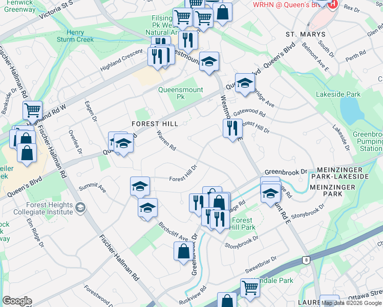 map of restaurants, bars, coffee shops, grocery stores, and more near 100 Warren Road in Kitchener