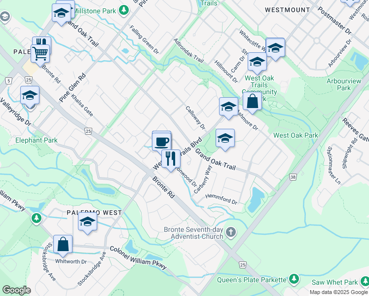 map of restaurants, bars, coffee shops, grocery stores, and more near 2959 Westoak Trails Boulevard in Oakville