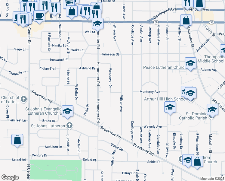 map of restaurants, bars, coffee shops, grocery stores, and more near 1514 Vancouver Drive in Saginaw