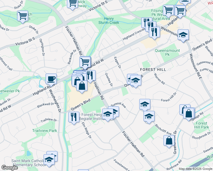 map of restaurants, bars, coffee shops, grocery stores, and more near 86 Overlea Crescent in Kitchener