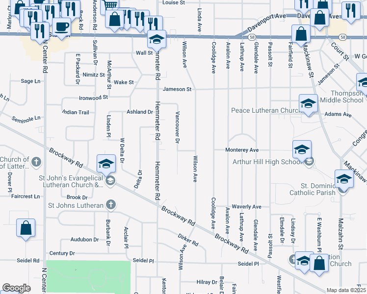 map of restaurants, bars, coffee shops, grocery stores, and more near 1514 Vancouver Drive in Saginaw