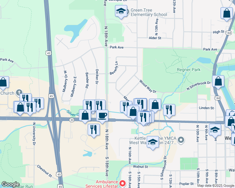 map of restaurants, bars, coffee shops, grocery stores, and more near 616 Meadowbrook Drive in West Bend