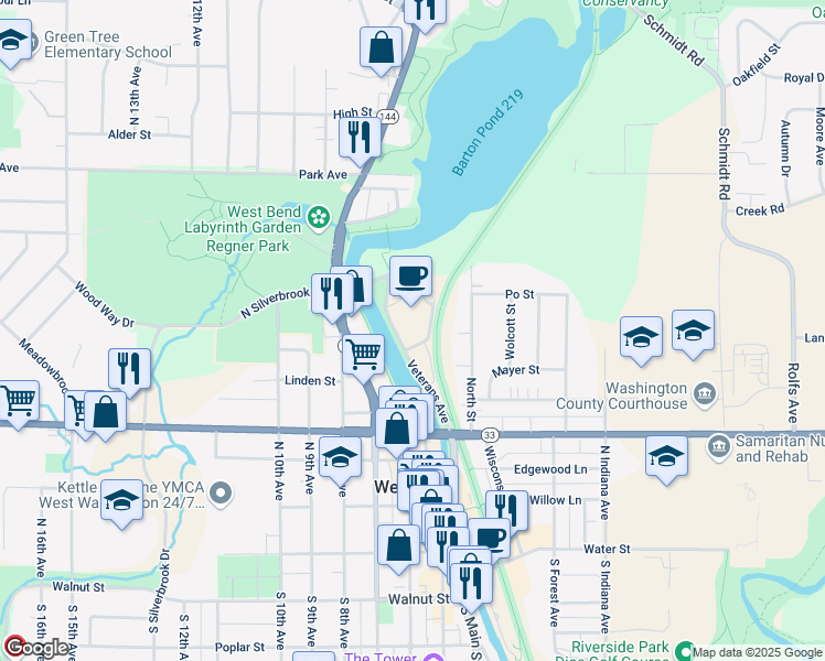 map of restaurants, bars, coffee shops, grocery stores, and more near 611 Veterans Avenue in West Bend