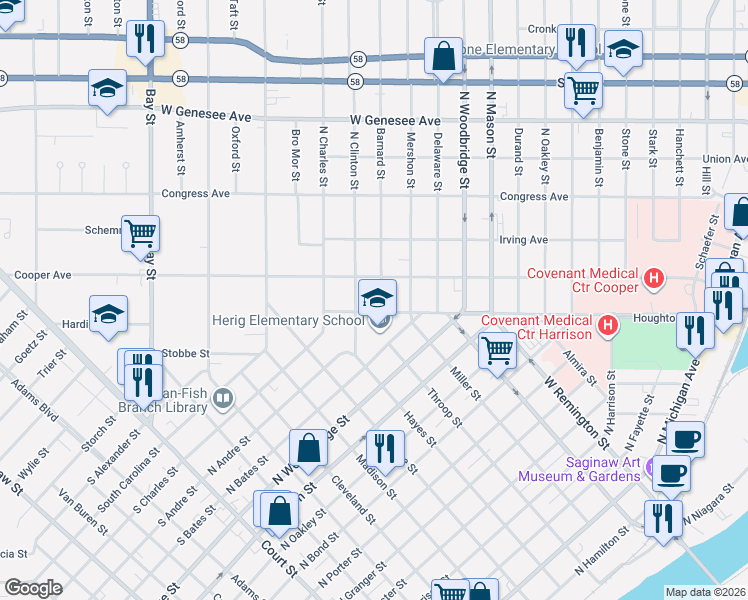 map of restaurants, bars, coffee shops, grocery stores, and more near 1503 Barnard Street in Saginaw