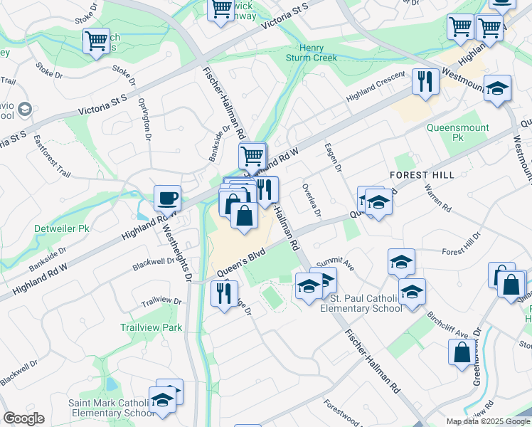 map of restaurants, bars, coffee shops, grocery stores, and more near 875 Highland Road West in Kitchener