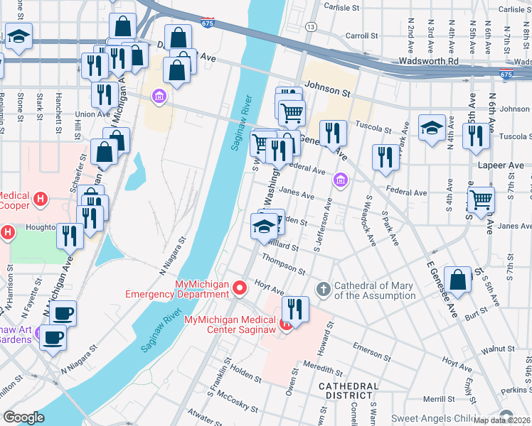 map of restaurants, bars, coffee shops, grocery stores, and more near S Washington Ave & Hayden St in Saginaw
