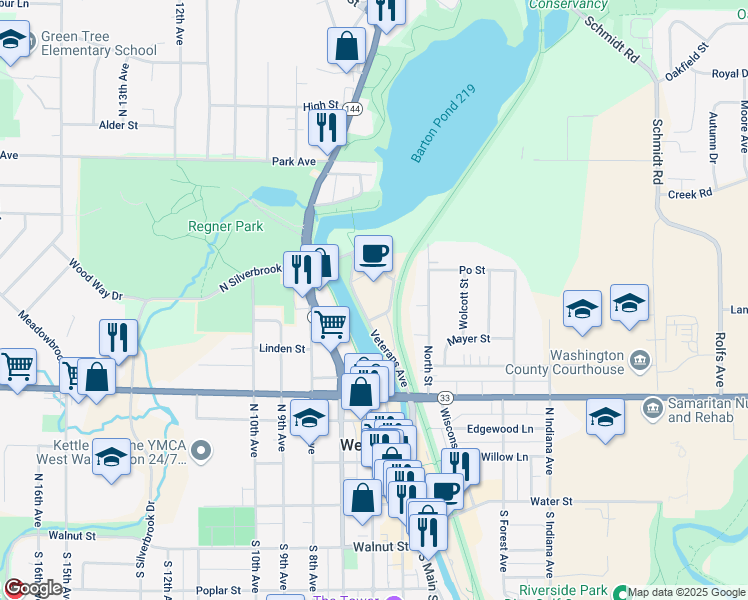 map of restaurants, bars, coffee shops, grocery stores, and more near 611 Veterans Avenue in West Bend