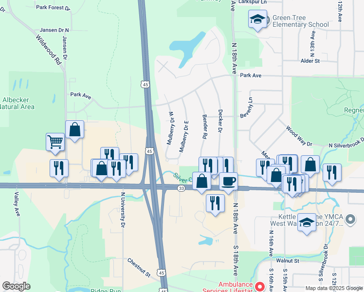 map of restaurants, bars, coffee shops, grocery stores, and more near 526 Mulberry Drive East in West Bend