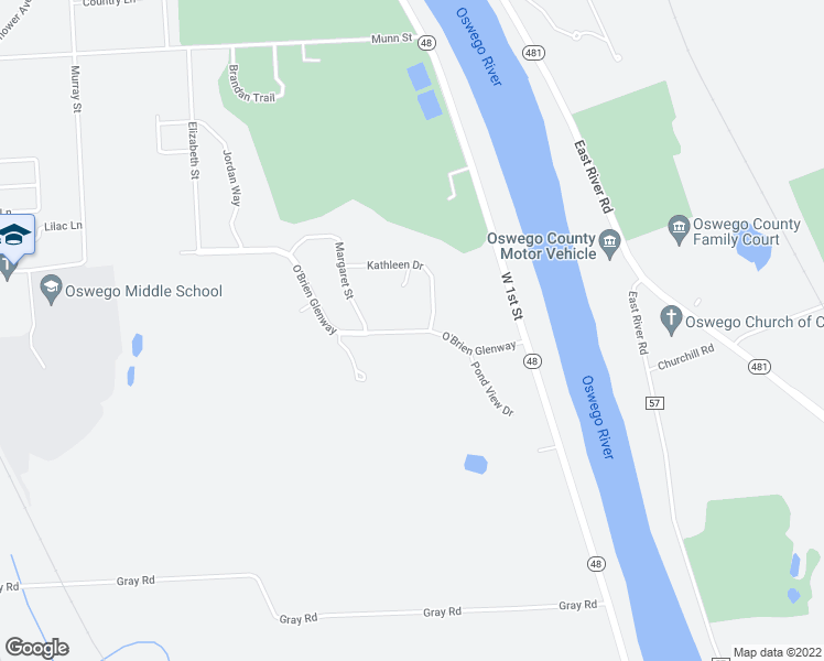 map of restaurants, bars, coffee shops, grocery stores, and more near O'Brien Glenway in Oswego County