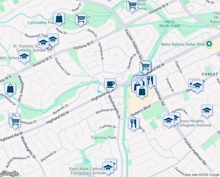 map of restaurants, bars, coffee shops, grocery stores, and more near 10 Westheights Drive in Kitchener