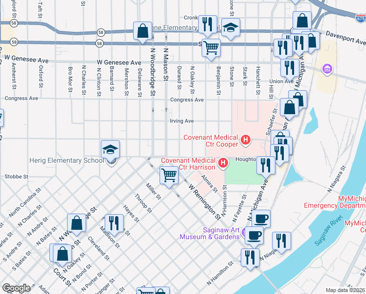 map of restaurants, bars, coffee shops, grocery stores, and more near 1322 Houghton Avenue in Saginaw