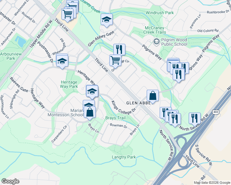 map of restaurants, bars, coffee shops, grocery stores, and more near 1311 Playter Place in Oakville
