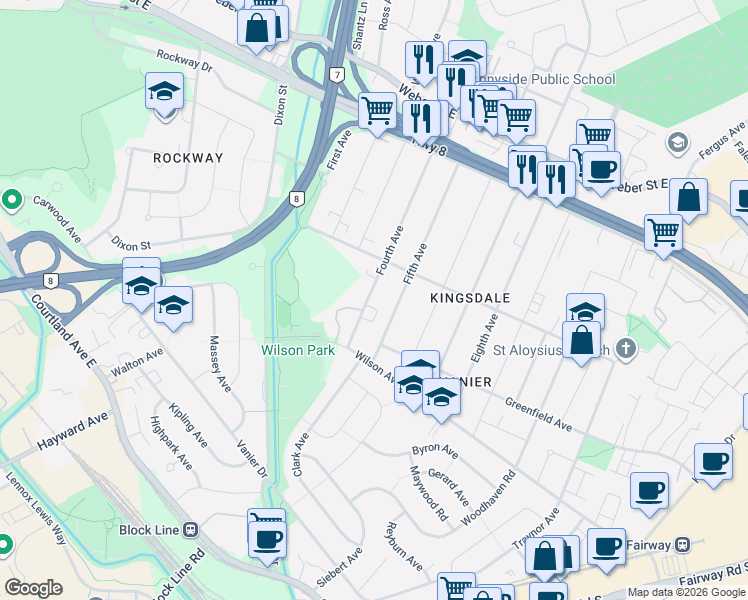 map of restaurants, bars, coffee shops, grocery stores, and more near 175 Fourth Avenue in Kitchener