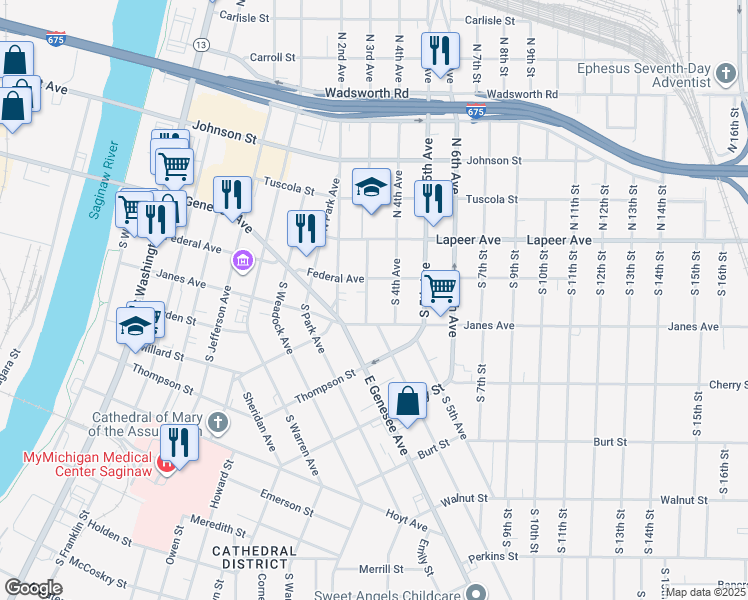map of restaurants, bars, coffee shops, grocery stores, and more near in Saginaw