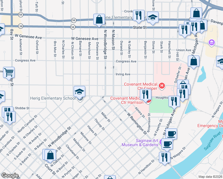 map of restaurants, bars, coffee shops, grocery stores, and more near 1507 North Mason Street in Saginaw