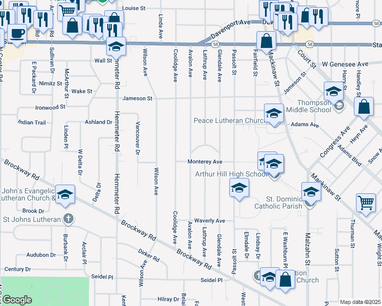 map of restaurants, bars, coffee shops, grocery stores, and more near 1540 Avalon Avenue in Saginaw