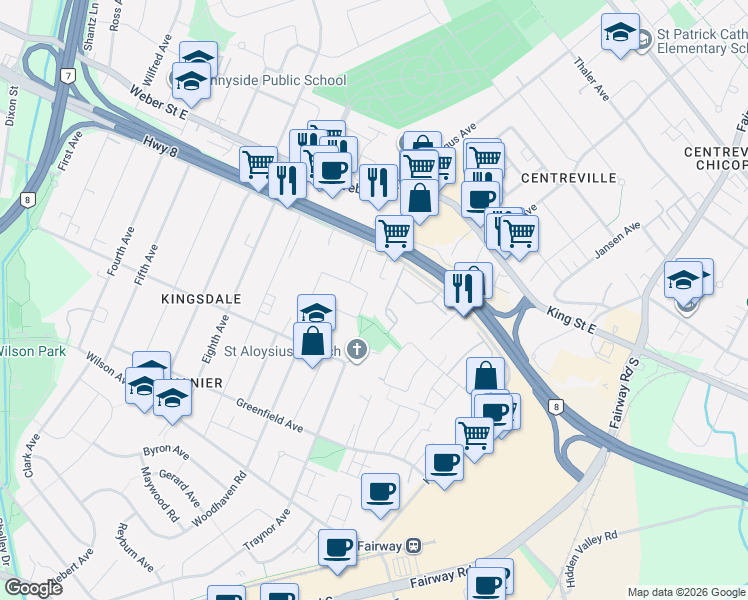 map of restaurants, bars, coffee shops, grocery stores, and more near 180 Saint Jerome Crescent in Kitchener
