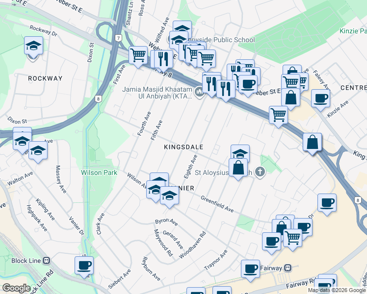 map of restaurants, bars, coffee shops, grocery stores, and more near Connaught Street in Kitchener