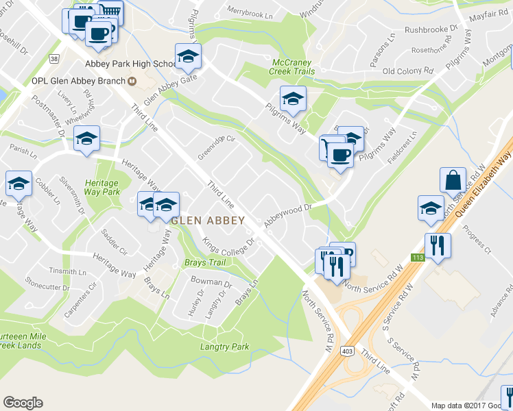 map of restaurants, bars, coffee shops, grocery stores, and more near 1237 Woodview Drive in Oakville