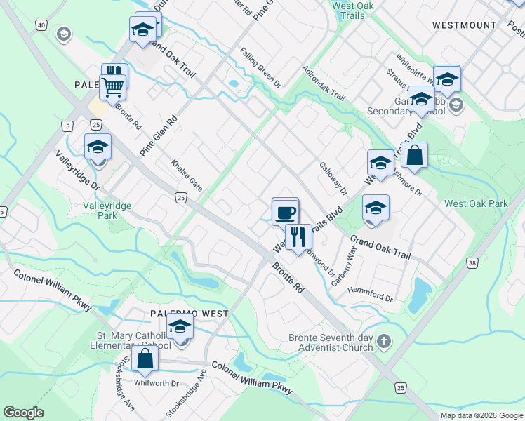 map of restaurants, bars, coffee shops, grocery stores, and more near 2385 Coho Way in Oakville