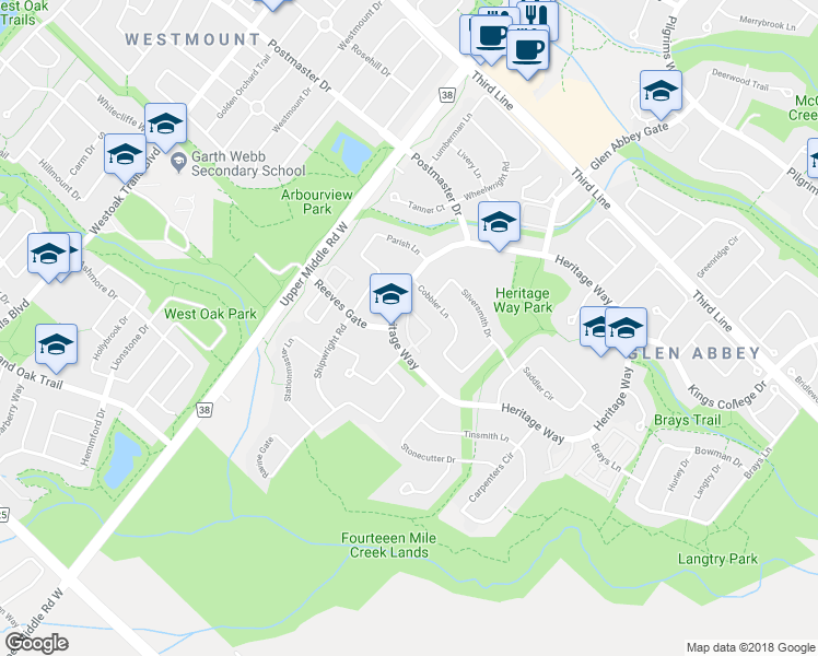 map of restaurants, bars, coffee shops, grocery stores, and more near 1489 Heritage Way in Oakville