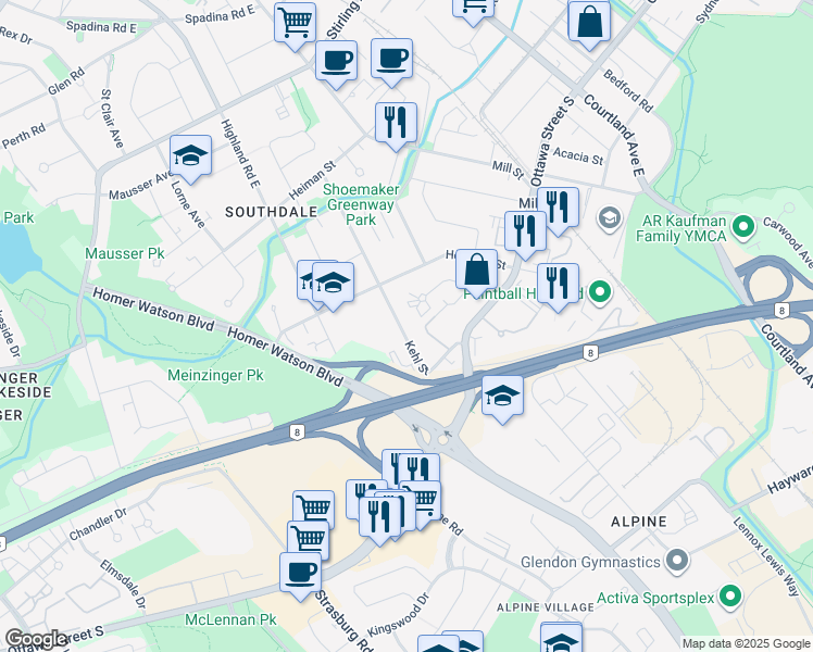 map of restaurants, bars, coffee shops, grocery stores, and more near 185 Kehl Street in Kitchener