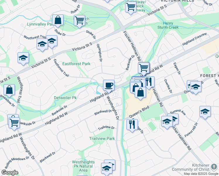 map of restaurants, bars, coffee shops, grocery stores, and more near 10 Westheights Drive in Kitchener