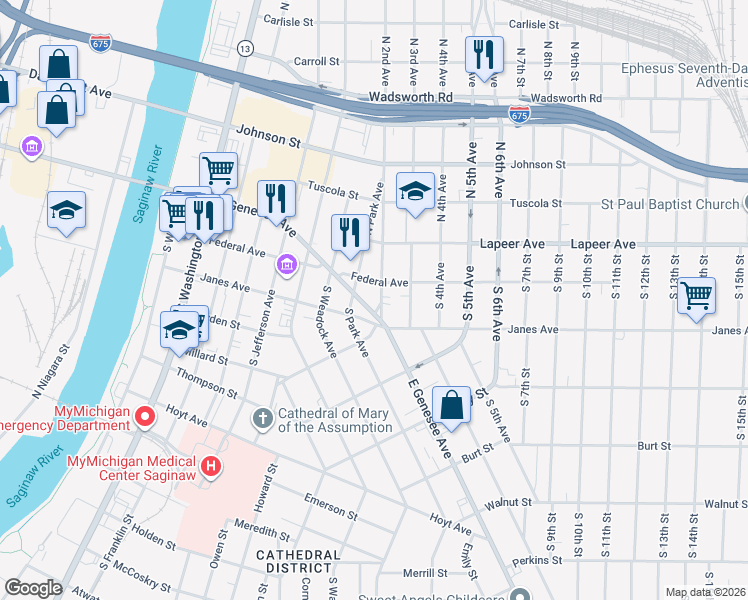 map of restaurants, bars, coffee shops, grocery stores, and more near in Saginaw