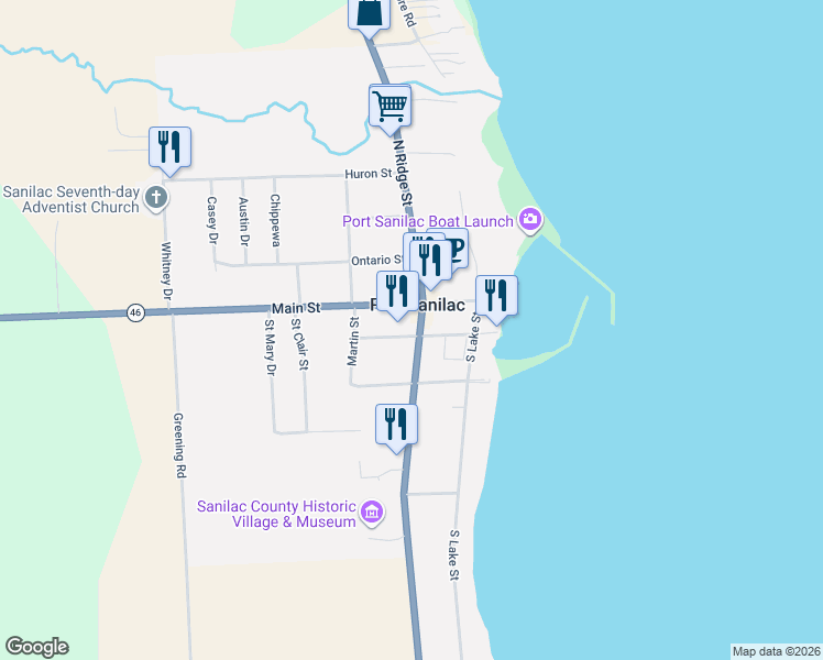 map of restaurants, bars, coffee shops, grocery stores, and more near 55 South Ridge Street in Port Sanilac
